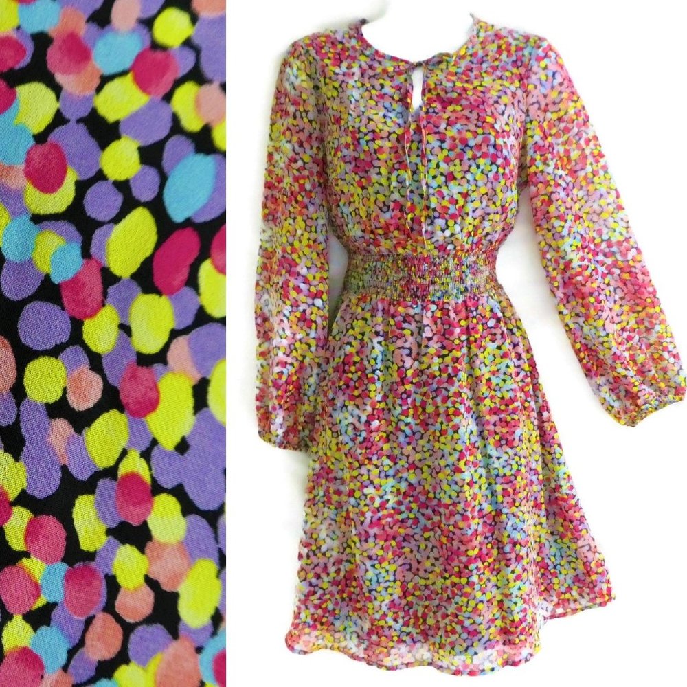 Tahari Dress Geometric Multicolor Lined Smocked Waist Keyhole Tie Front 2